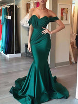 Trumpet/Mermaid Off-the-Shoulder Sweep/Brush Train Satin Prom Evening Dress with Ruffles