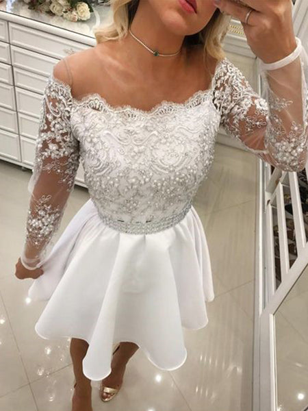A-Line/Princess Off-the-Shoulder Chiffon Long Sleeves Short/Mini Dress with Beading