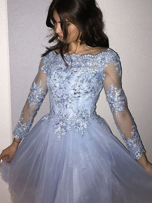 A-Line/Princess Off-the-Shoulder Tulle Long Sleeves Short/Mini Dress with Applique