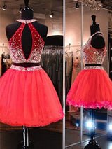 A-Line/Princess Halter Tulle Sleeveless Short/Mini Two Piece Homecoming Dress with Beading