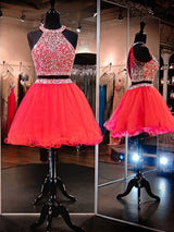 A-Line/Princess Halter Tulle Sleeveless Short/Mini Two Piece Homecoming Dress with Beading