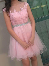 A-Line/Princess Bateau Tulle Sleeveless Short/Mini Homecoming Dress with Applique