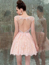 A-Line/Princess Scoop Lace Sleeveless Short/Mini Backless Dress with Beading