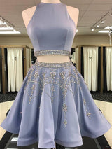 A-Line/Princess Bateau Satin Sleeveless Short/Mini Two Piece Homecoming Dress with Beading