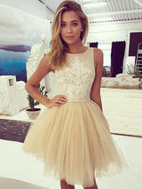 A-Line/Princess Bateau Tulle Sleeveless Short/Mini Homecoming Dress with Applique