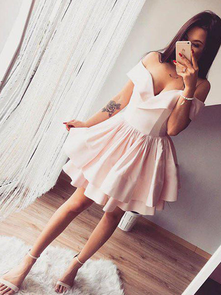 A-Line/Princess Off-the-Shoulder Satin Sleeveless Short/Mini Dress with Ruffles