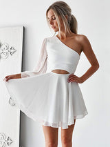 A-Line/Princess One-Shoulder Chiffon Long Sleeves Short/Mini Dress with Ruffles