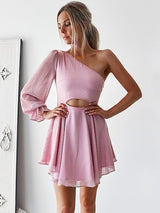 A-Line/Princess One-Shoulder Chiffon Long Sleeves Short/Mini Dress with Ruffles