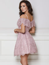 A-Line/Princess Off-the-Shoulder Lace Sleeveless Short/Mini Dress with Ruffles