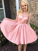 A-Line/Princess Bateau Satin Sleeveless Knee Length Dress with Ruffles