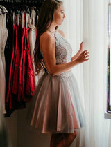 A-Line/Princess Halter Tulle Sleeveless Short/Mini Two Piece Homecoming Dress with Applique