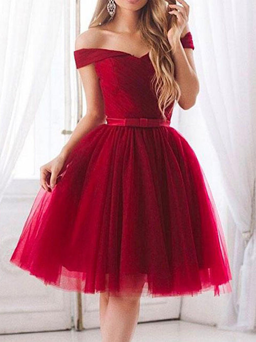 A-Line/Princess Off-the-Shoulder Tulle Sleeveless Knee Length Dress with Ruffles