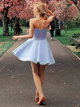 A-Line/Princess Strapless Satin Sleeveless Short/Mini Homecoming Dress with Ruffles