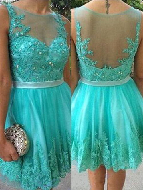 A-Line/Princess Scoop Tulle Sleeveless Short/Mini Homecoming Dress with Applique