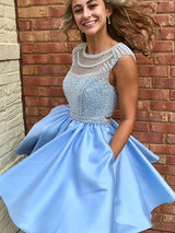 A-Line/Princess Scoop Satin Sleeveless Short/Mini Homecoming Dress with Beading