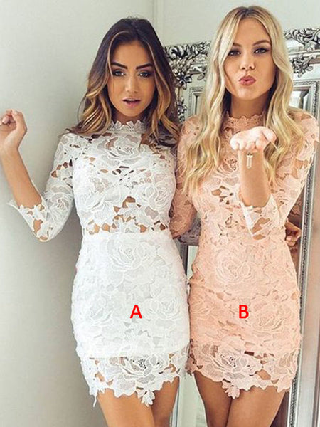 Sheath/Column High Neck Lace 3/4 Sleeves Short/Mini Homecoming Dress with Applique