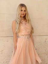 A-Line/Princess High Neck Chiffon Sleeveless Knee Length Dress with Beading