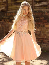 A-Line/Princess High Neck Chiffon Sleeveless Knee Length Dress with Beading