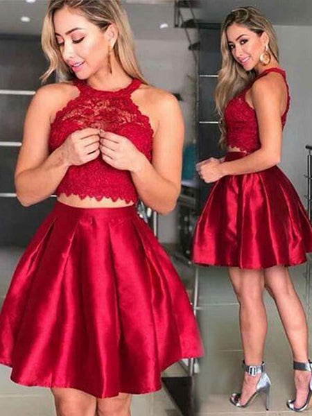 A-Line/Princess Halter Satin Sleeveless Short/Mini Prom Homecoming Dress with Lace