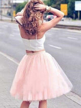 A-Line/Princess Spaghetti Straps Tulle Sleeveless Knee Length 2 Piece Homecoming Dress with Pleats