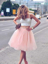 A-Line/Princess Spaghetti Straps Tulle Sleeveless Knee Length 2 Piece Homecoming Dress with Pleats