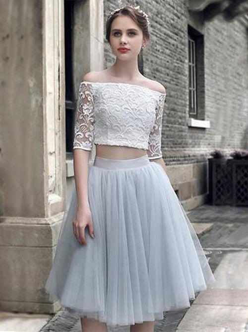 A-Line/Princess Off-the-Shoulder Tulle 1/2 Sleeves Knee Length 2 Piece Homecoming Dress with Ruched