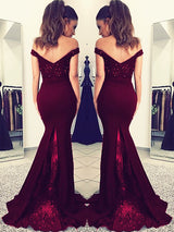 Trumpet/Mermaid Off-the-Shoulder Satin Sleeveless Sweep/Brush Train Formal Evening Dress with Lace