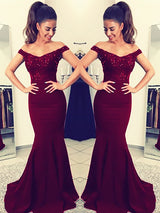 Trumpet/Mermaid Off-the-Shoulder Satin Sleeveless Sweep/Brush Train Formal Evening Dress with Lace