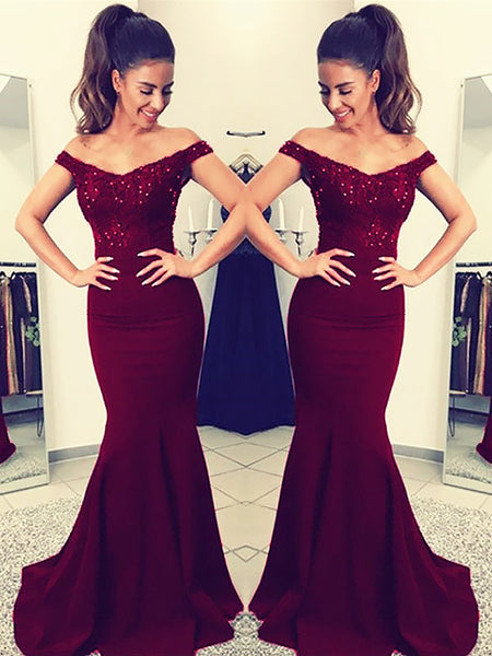 Trumpet/Mermaid Off-the-Shoulder Satin Sleeveless Sweep/Brush Train Formal Evening Dress with Lace