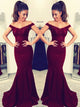 Trumpet/Mermaid Off-the-Shoulder Satin Sleeveless Sweep/Brush Train Formal Evening Dress with Lace