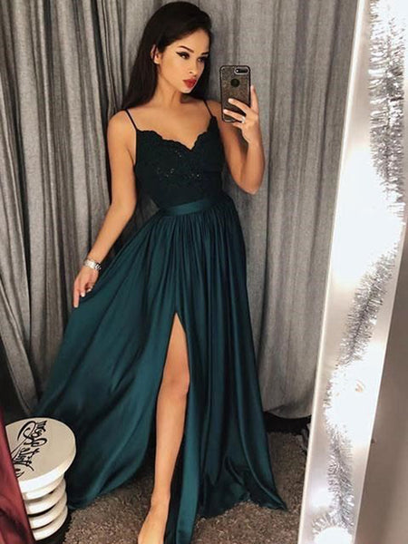 A-Line/Princess Spaghetti Straps Satin Sleeveless Floor Length Prom Dress with Slit Lace