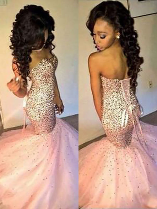 Trumpet/Mermaid Sweetheart Tulle Sleeveless Sweep/Brush Train Prom Evening Dress with Sequin