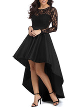 A-Line/Princess Bateau Satin Long Sleeves Plus Size Asymmetrical Prom Evening Dress with Lace