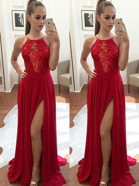 A-Line/Princess Halter Chiffon Sleeveless Sweep/Brush Train Prom Dress with Slit Applique