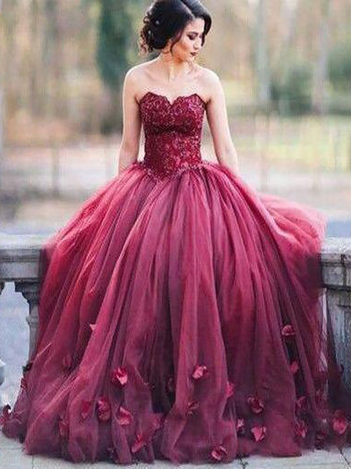 Ball Gown Sweetheart Tulle Sleeveless Floor Length Prom Evening Dress with Applique