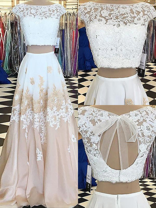 A-Line/Princess Bateau Chiffon Sleeveless Two Piece Floor Length Prom Dress with Lace