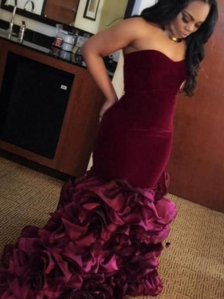 Trumpet/Mermaid Sweetheart Velvet Sleeveless Plus Size Floor Length Prom Evening Dress with Ruffles