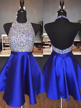 A-Line/Princess Halter Satin Sleeveless Short/Mini Homecoming Dress with Beading