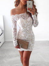 Sheath/Column Off-the-Shoulder Long Sleeves Short/Mini Homecoming Dress with Lace