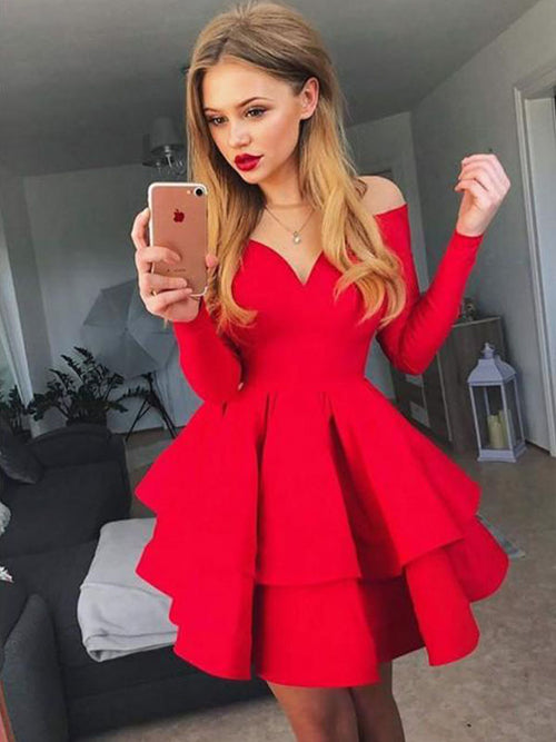 A-Line/Princess Off-the-Shoulder Satin Long Sleeves Short/Mini Cocktail Dress with Ruffles