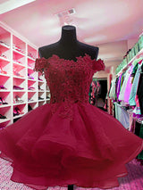 Ball Gown Off-the-Shoulder Organza Long Sleeves Short/Mini Prom Dress with Applique