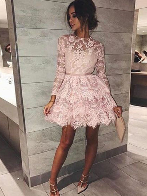 A-Line/Princess Bateau Beading Long Sleeves Short/Mini Cocktail Dress with Lace
