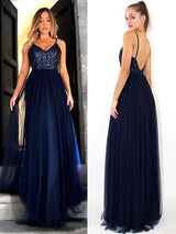 A-Line/Princess Straps Tulle Sleeveless Floor Length Prom Evening Dress with Sequin