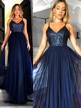A-Line/Princess Straps Tulle Sleeveless Floor Length Prom Evening Dress with Sequin
