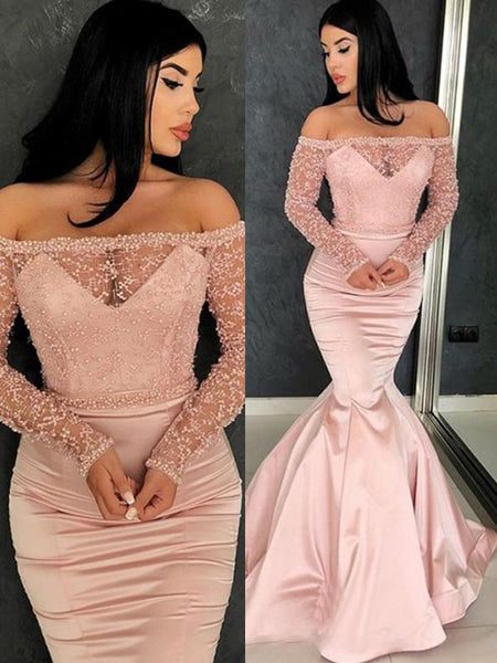 Trumpet/Mermaid Off-the-Shoulder Satin Long Sleeves Sweep/Brush Train Prom Dress with Ruffles