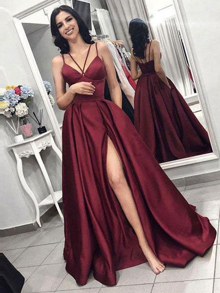 A-Line/Princess Spaghetti Straps Satin Sleeveless Ruffles Sweep/Brush Train Prom Dress with Slit