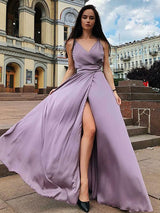 A-Line/Princess Straps Satin Chiffon Sleeveless Ruffles Sweep/Brush Train Prom Dress with Slit