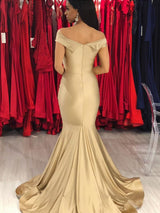 Trumpet/Mermaid Off-the-Shoulder Satin Sleeveless Sweep/Brush Train Formal Evening Dress with Ruffles