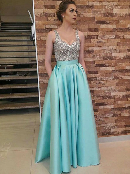 A-Line/Princess V-neck Satin Sleeveless Floor Length Prom Dress with Beading