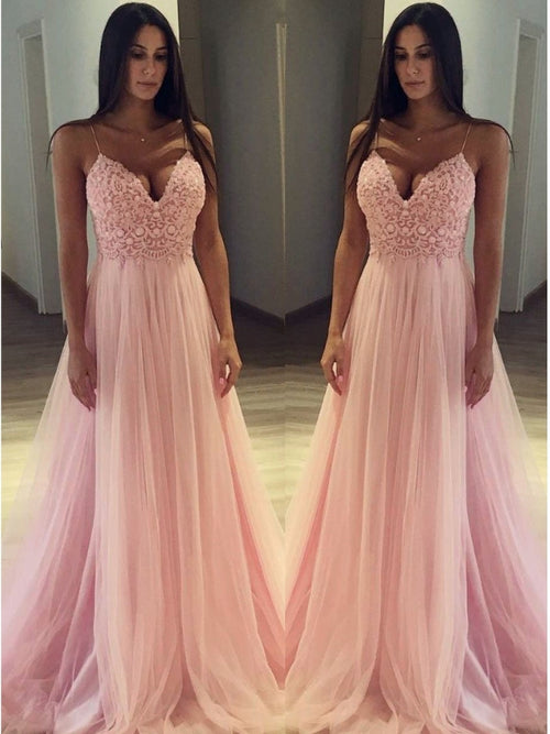 A-Line/Princess Spaghetti Straps Tulle Sleeveless Sweep/Brush Train Prom Dress with Applique